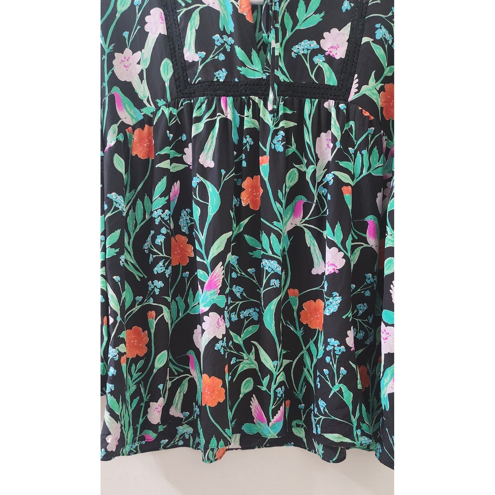 Kate Spade Silk Floral Bird Blouse Black Crochet Trim NJMU7761 Womens Medium - Picture 2 of 12